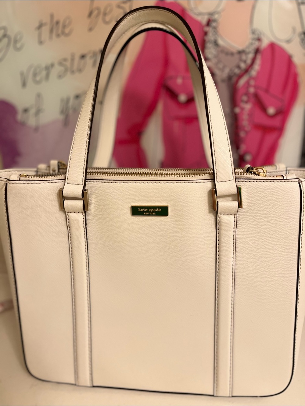 Kate Spade Winter White Structured Saffiano Tote with Gold Hardware